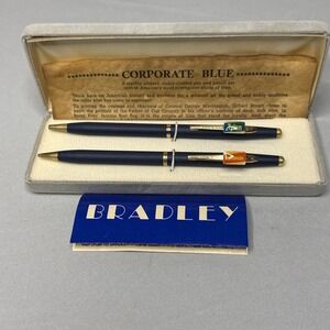 Vintage Bradley Corporate Blue Gold‎ Pen & Pencil Set With Case Rumensin Tylan